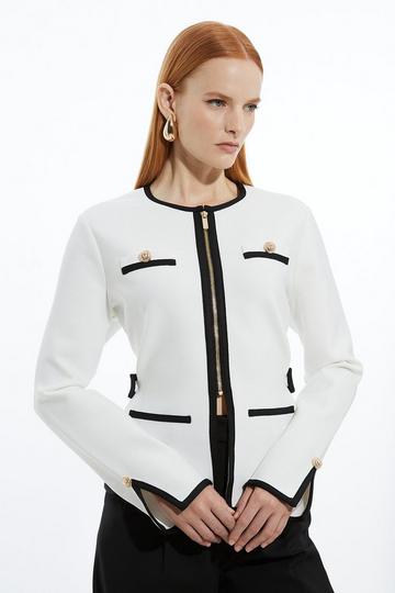 Figure Form Bandage Military Contrast Piping Knit Jacket mono