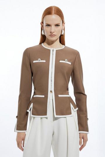 Figure Form Bandage Military Contrast Piping Knit Jacket taupe