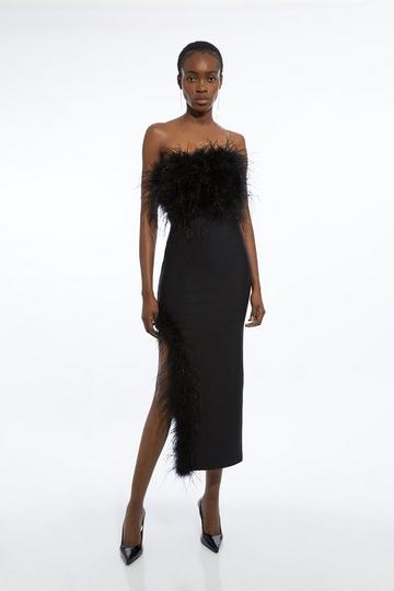 Figure Form Bandage Feather Detail Bandeau Knit Midi Dress black