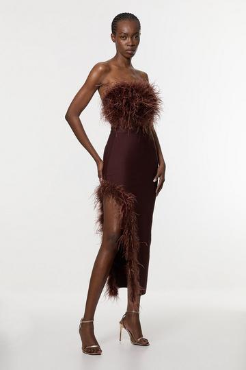 Figure Form Bandage Feather Detail Bandeau Knit Midi Dress chocolate