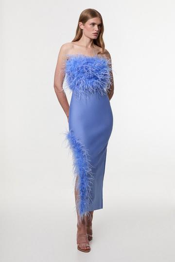 Figure Form Bandage Feather Detail Bandeau Knit Midi Dress cornflower