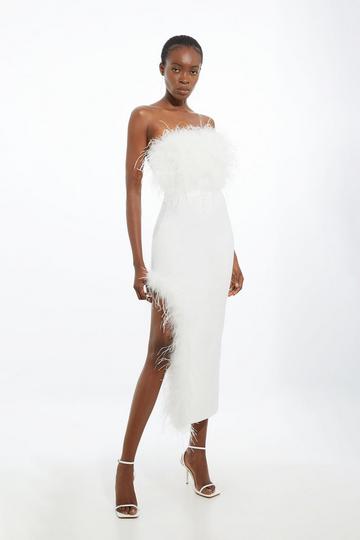 Figure Form Bandage Feather Detail Bandeau Knit Midi Dress ivory