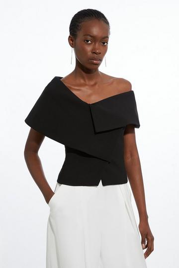 Compact Stretch Asymmetric Collar Tailored Top black