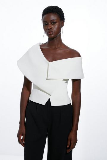 Compact Stretch Asymmetric Collar Tailored Top ivory