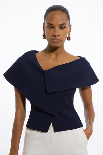 Compact Stretch Asymmetric Collar Tailored Top navy