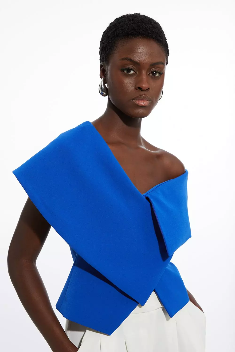 Stretch Crepe Asymmetric Collar Tailored Top | Karen Millen