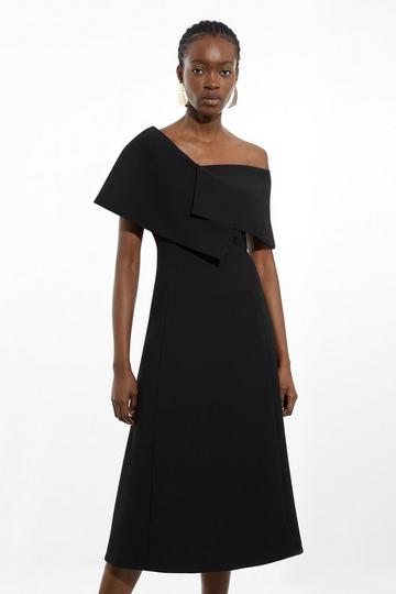 Black Compact Stretch Asymmetric Collar Tailored Full Skirt Midaxi Dress