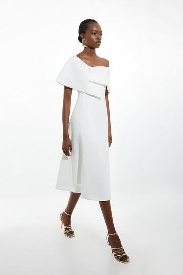 Compact Stretch Asymmetric Collar Tailored Full Skirt Midaxi Dress ivory