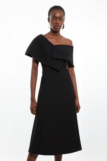 Black Petite Stretch Crepe Asymmetric Collar Tailored Full Skirt Midi Dress