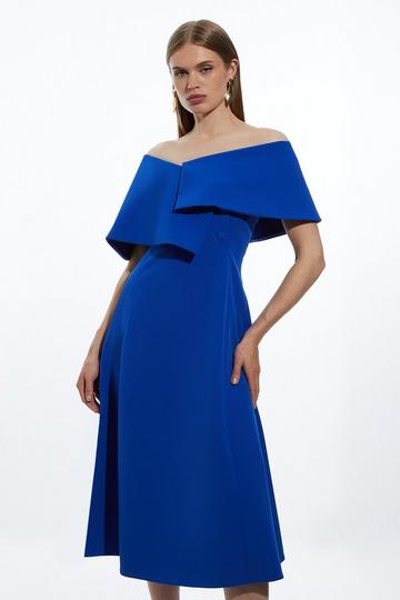 Petite Stretch Crepe Asymmetric Collar Tailored Full Skirt Midaxi Dress cobalt