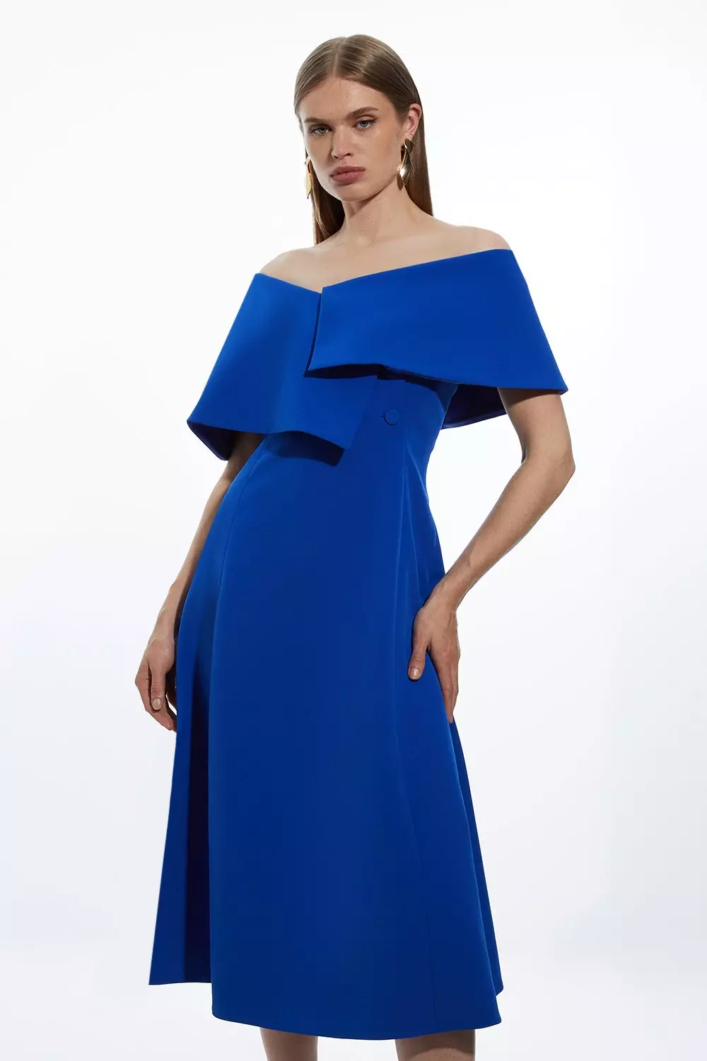 Petite Stretch Crepe Asymmetric Collar Tailored Full Skirt Midi Dress Karen Millen