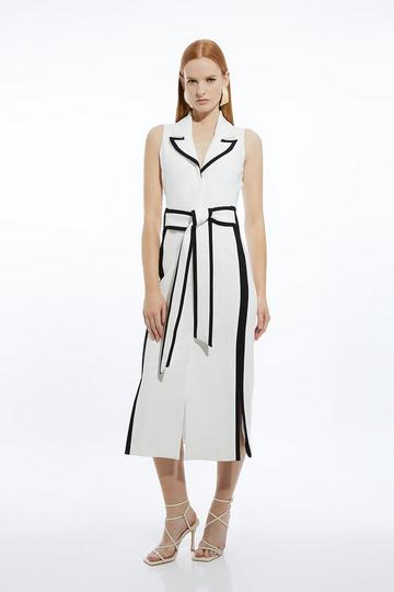 Compact Stretch Contrast Tipped Belted Pencil Midaxi Dress ivory