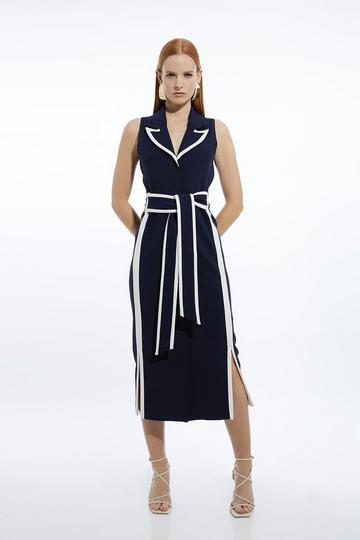 Compact Stretch Contrast Tipped Belted Pencil Midaxi Dress navy