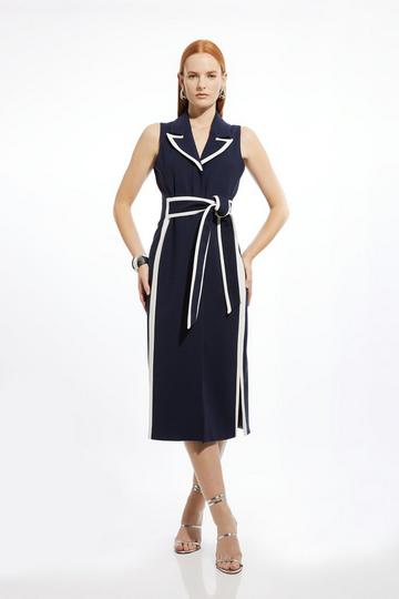 Petite Compact Stretch Contrast Tipped Belted Pencil Midaxi Dress navy
