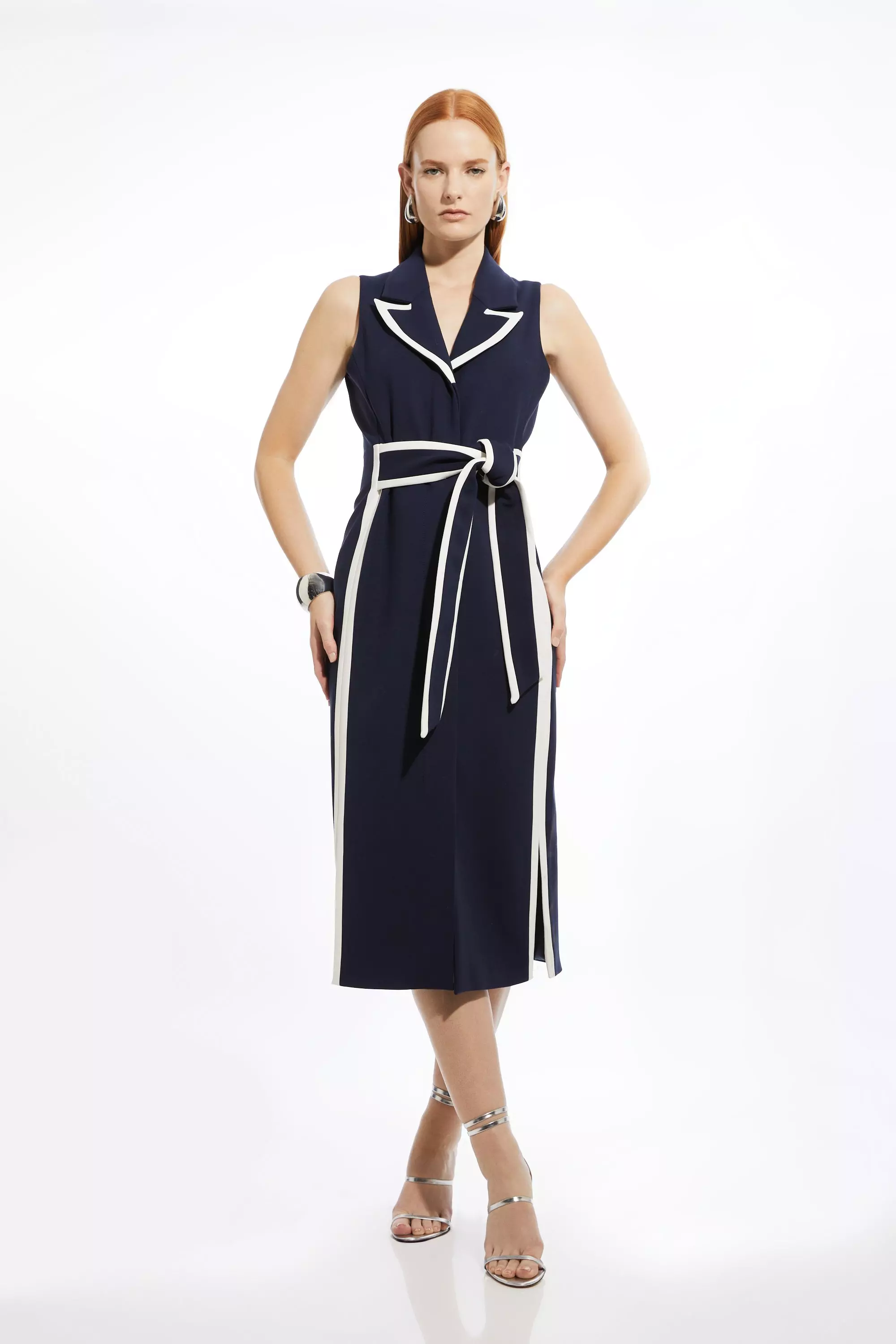 Navy Petite Compact Stretch Contrast Tipped Belted Pencil Maxi Dress alternative image
