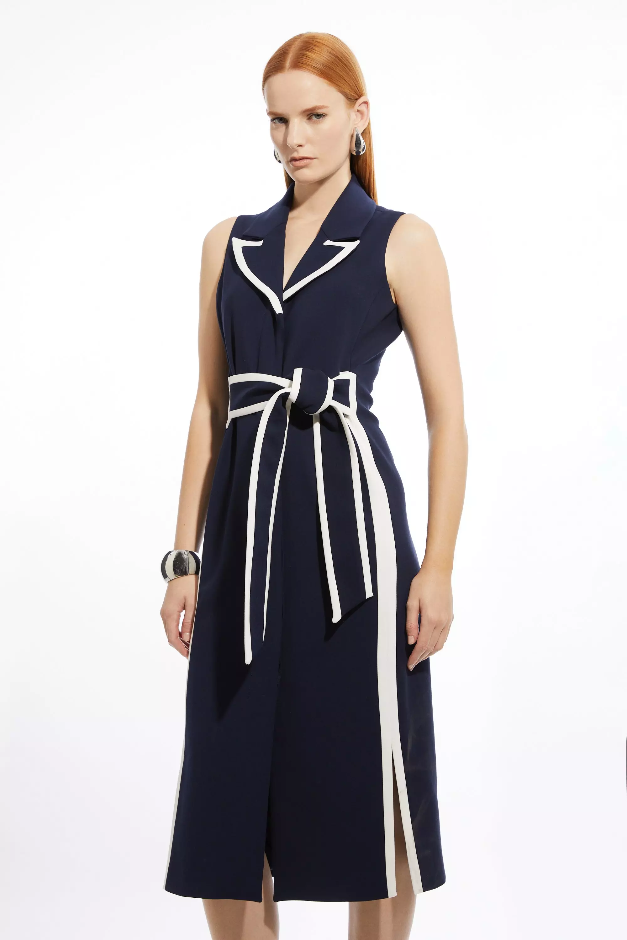 Navy Petite Compact Stretch Contrast Tipped Belted Pencil Maxi Dress alternative image