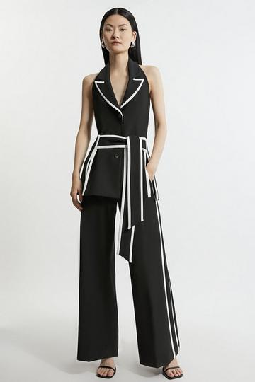 Black Compact Stretch Contrast Tipped Belted Wide Leg Tailored Jumpsuit