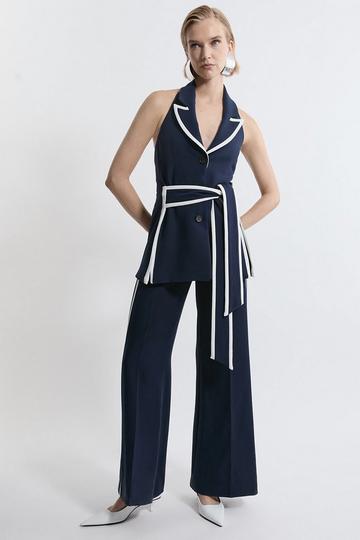 Compact Stretch Contrast Tipped Belted Wide Leg Tailored Jumpsuit navy