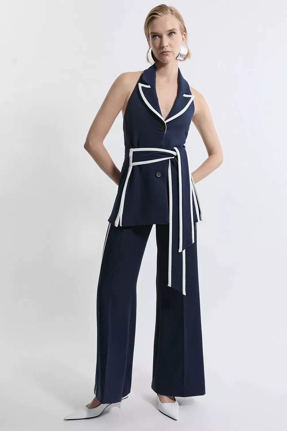 Karen Millen Womens Compact Stretch Contrast Tipped Belted Wide Leg Tailored Jumpsuit Navy Size 2