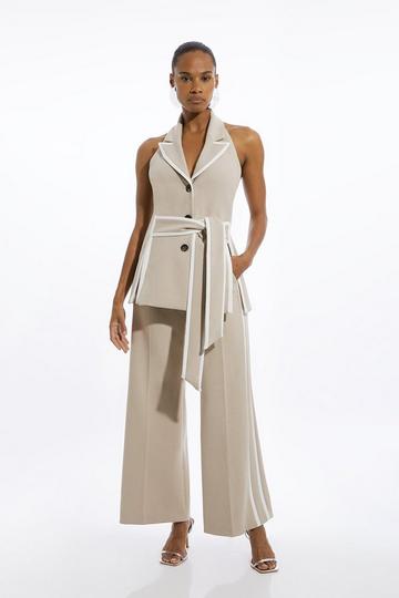 Compact Stretch Contrast Tipped Belted Wide Leg Tailored Jumpsuit stone