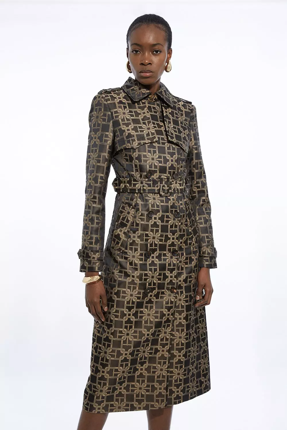 Chain Jacquard Tailored Double Breasted Belted Trench Midi Coat Karen Millen