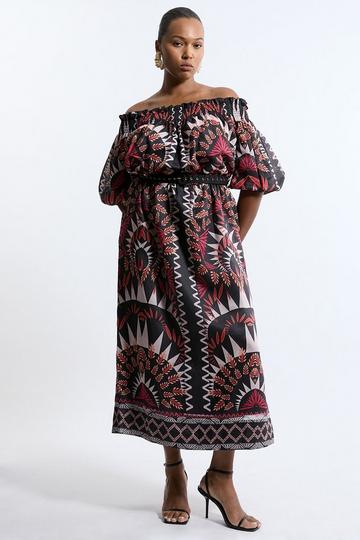 Plus Size Voile Mirrored Batik Belted Bardot Midaxi Dress black