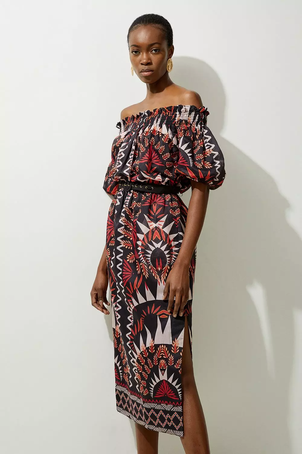 Petite Voile Mirrored Batik Belted Off The Shoulder Midaxi Dress Karen Millen