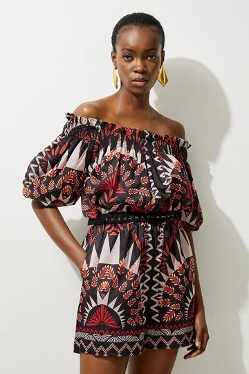 Black Tall Voile Mirrored Batik Off The Shoulder Woven Romper