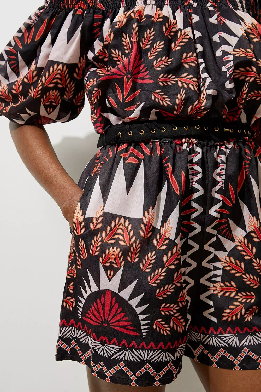 Tall Voile Mirrored Batik Off The Shoulder Woven Romper