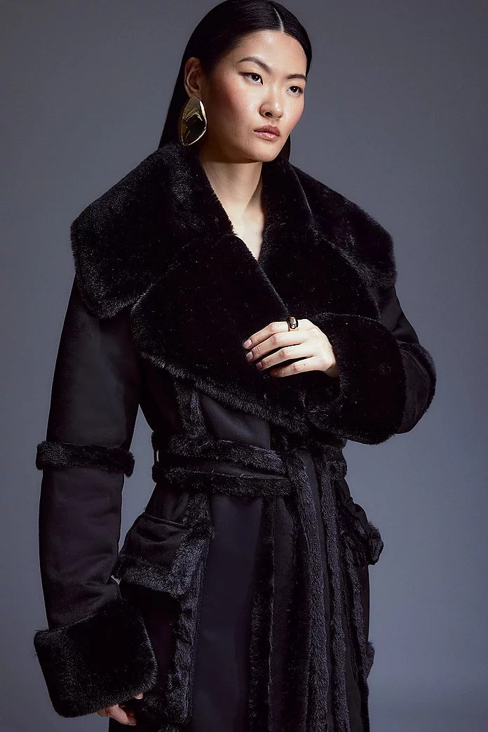 Tall Faux Shearling Collar & Cuff Tie Belt Maxi Coat | Karen Tall Faux Shearling Collar & Cuff Tie Belt Maxi Coat | Karen
