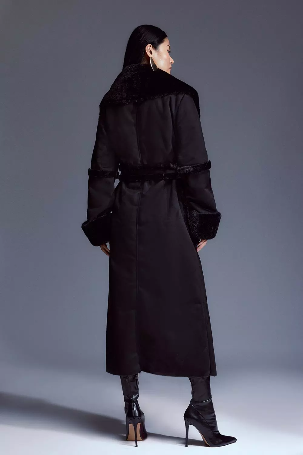 Tall Faux Shearling Collar & Cuff Tie Belt Maxi Coat | Karen Millen