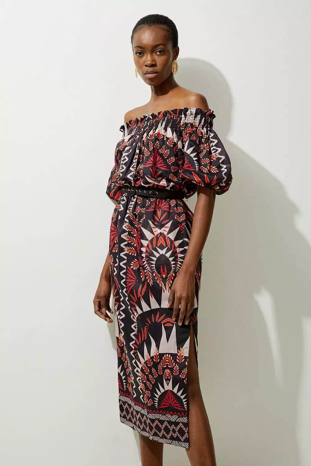 Voile Mirrored Batik Belted Off The Shoulder Midaxi Dress