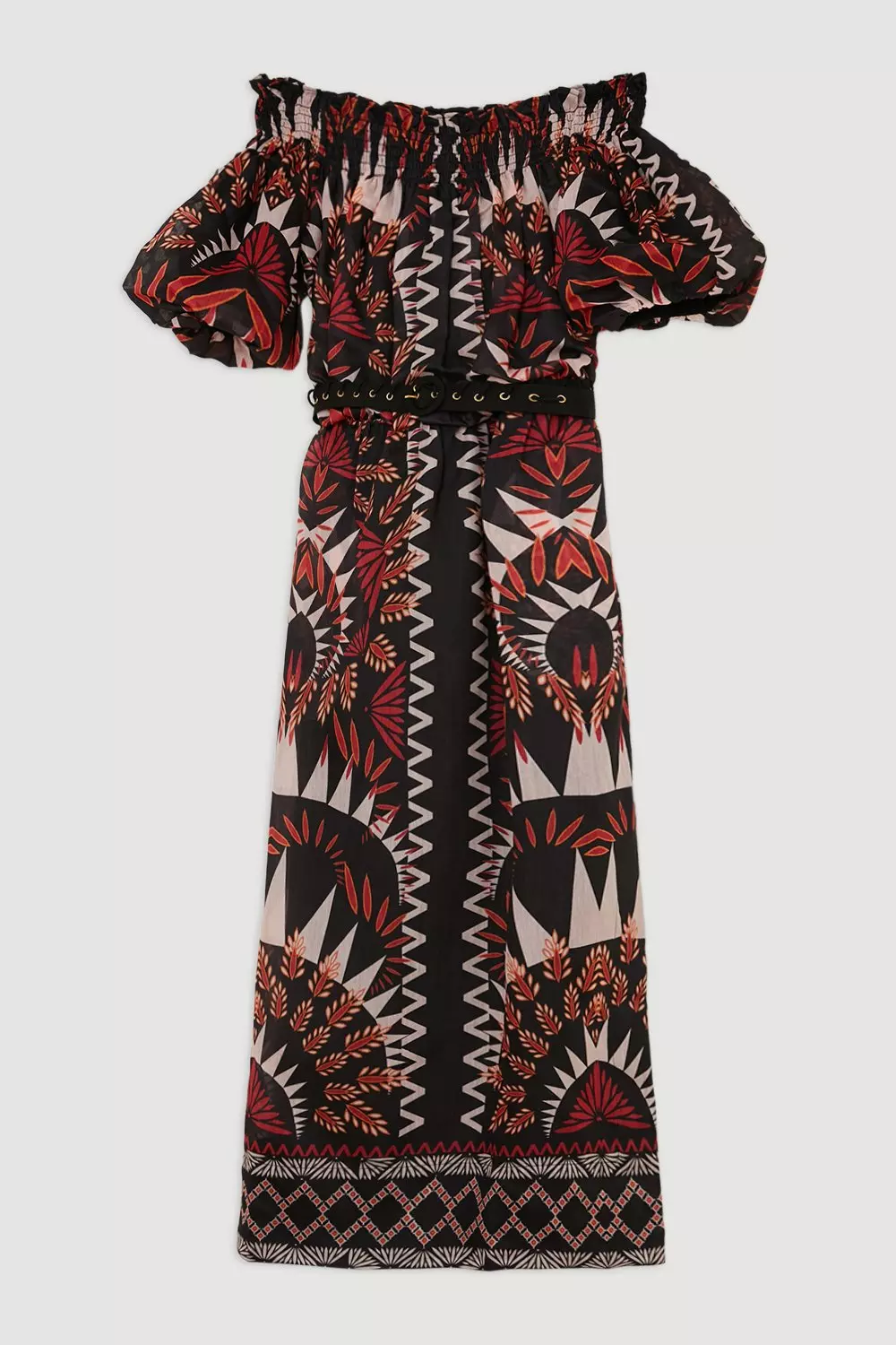 【KAREN MILLEN】ボイルミラーフローラル織りバルドードレス Voile Mirrored Batik Belted Off The Shoulder Midaxi Dress