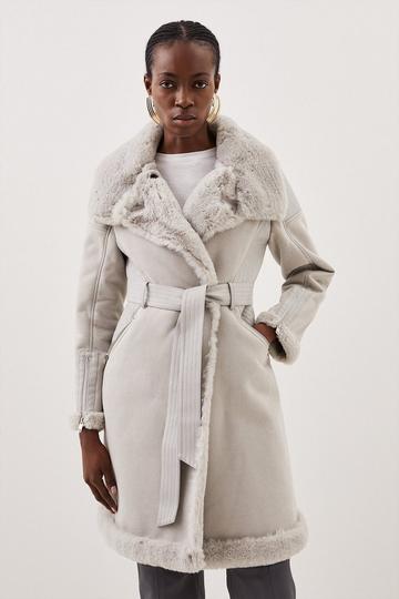 Tall Faux Shearling Biker Longline Belted Coat grey