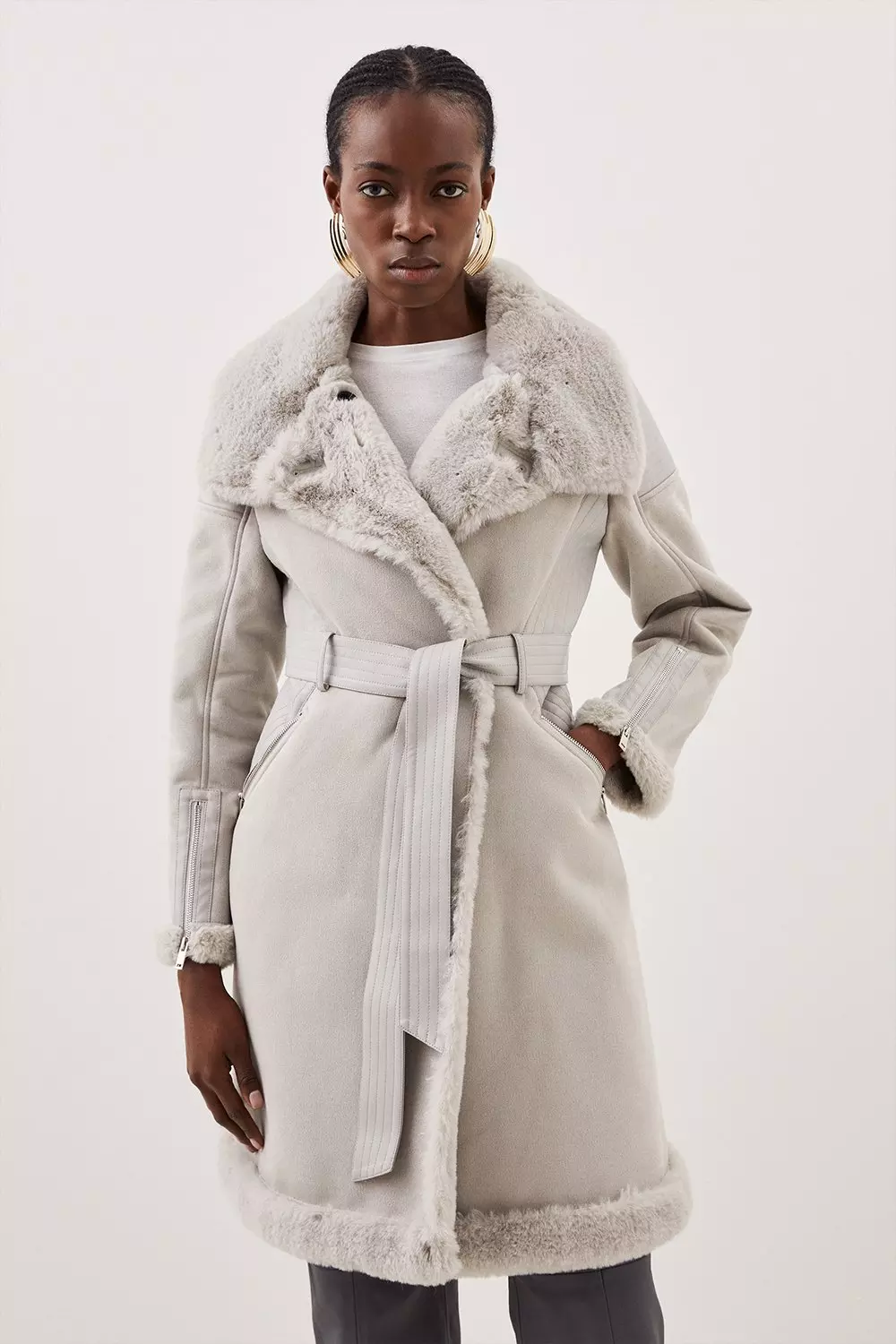Grey Tall Faux Shearling Biker Longline Belted Coat alternative image