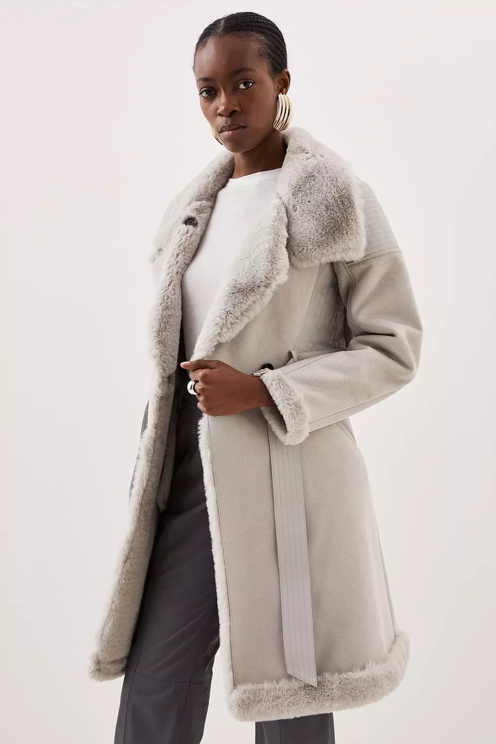 Grey Tall Faux Shearling Biker Longline Belted Coat alternative image