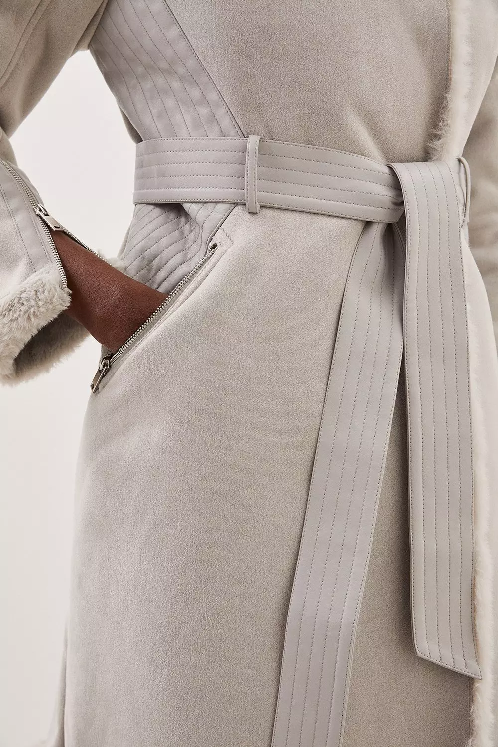 Grey Tall Faux Shearling Biker Longline Belted Coat alternative image