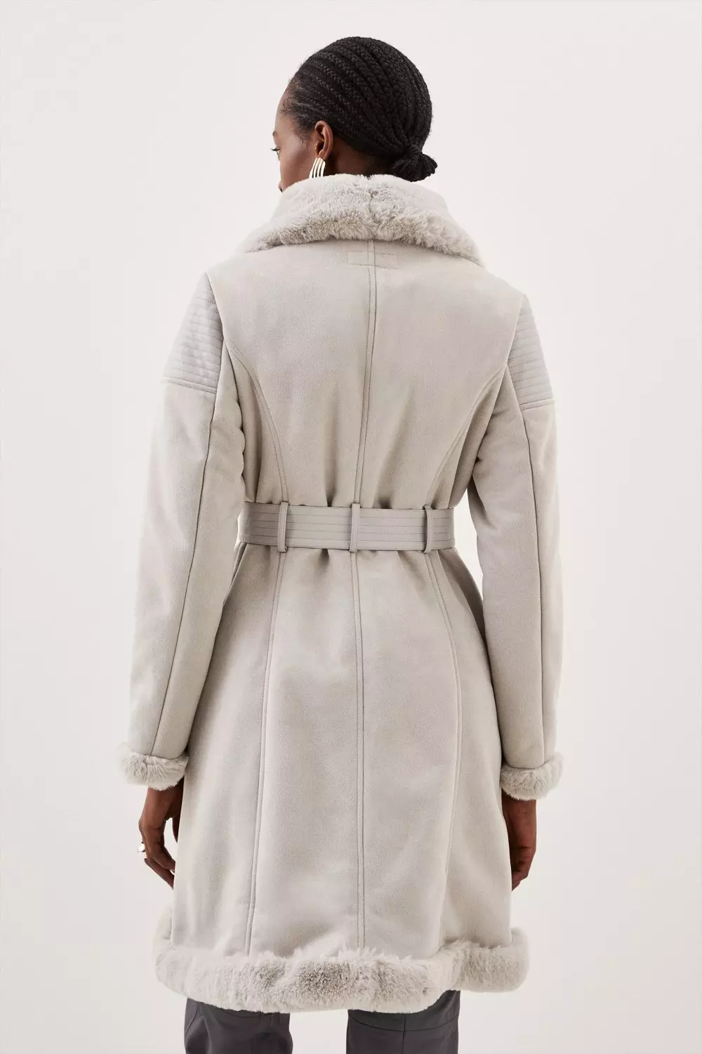 Grey Tall Faux Shearling Biker Longline Belted Coat alternative image
