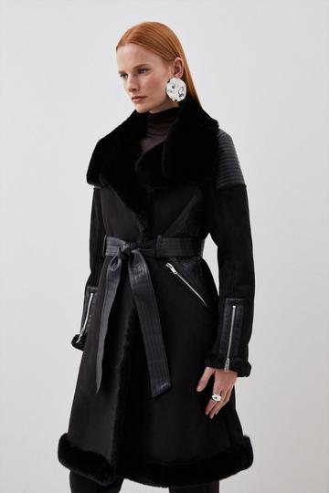 Petite Faux Shearling Biker Longline Belted Coat black