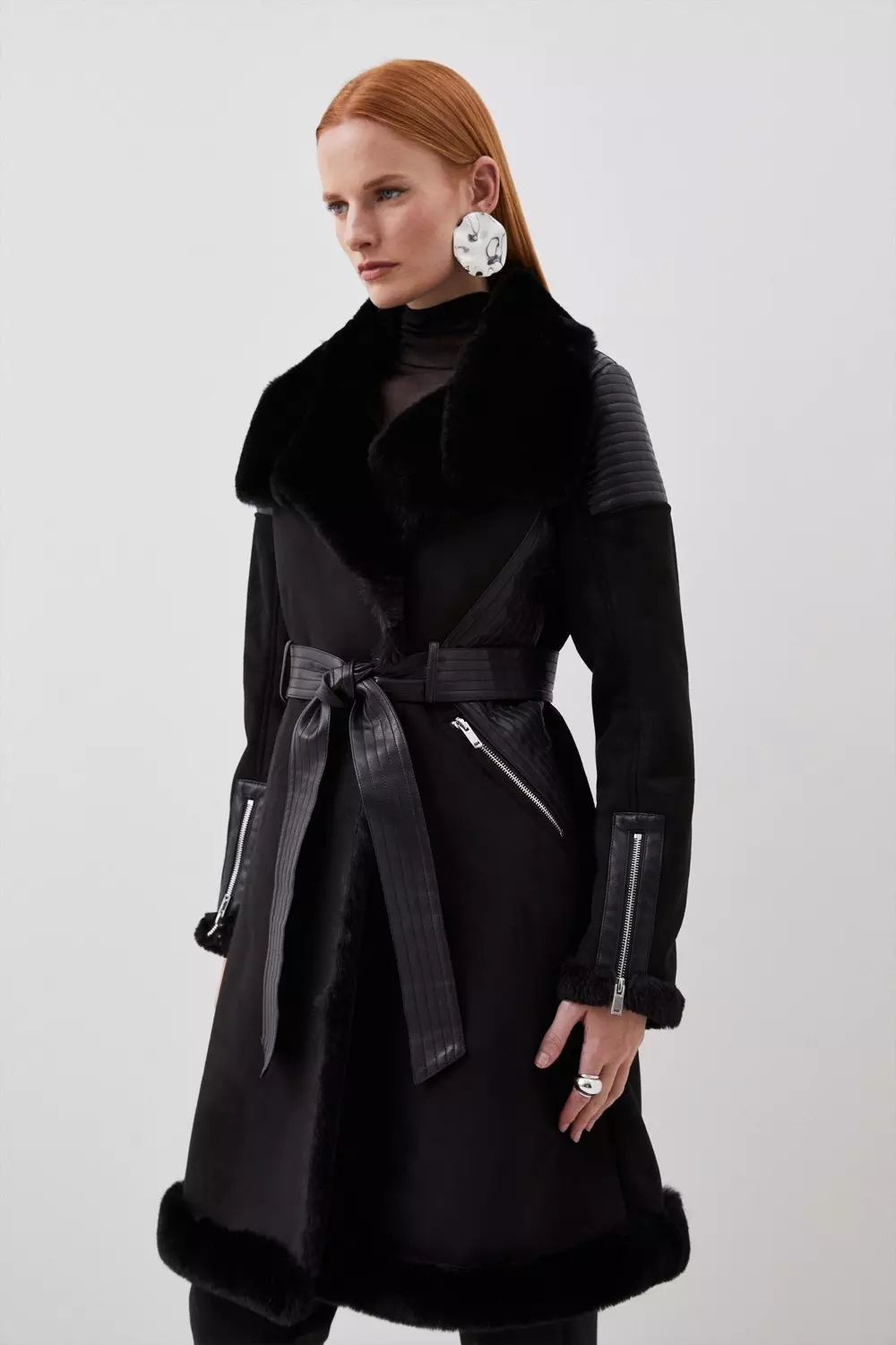 Petite Faux Shearling Biker Longline Belted Coat Karen Millen
