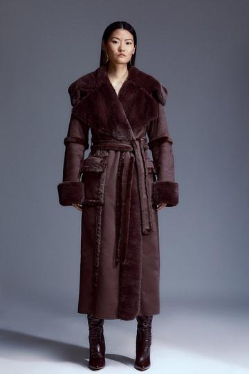 Petite Faux Shearling Collar & Cuff Tie Belt Maxi Coat chocolate