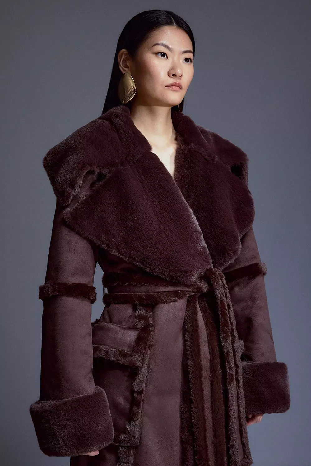 Petite Faux Shearling Collar Cuff Tie Belt Maxi Coat Karen Millen