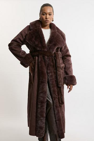 Plus Size Faux Shearling Collar & Cuff Tie Belt Maxi Coat chocolate