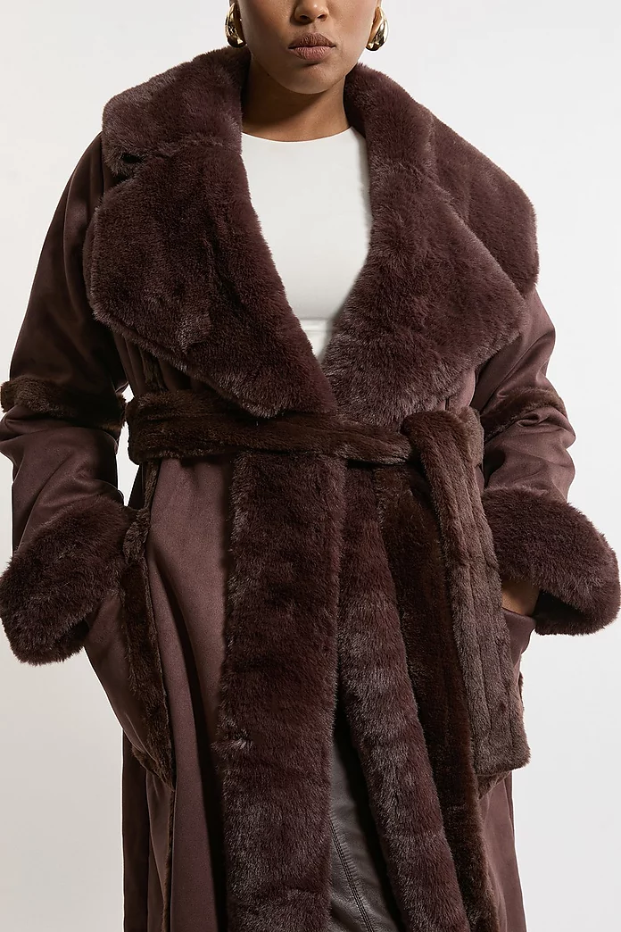 Plus Size Faux Shearling Collar & Cuff Tie Belt Maxi Coat Plus Size Faux Shearling Collar & Cuff Tie Belt Maxi Coat