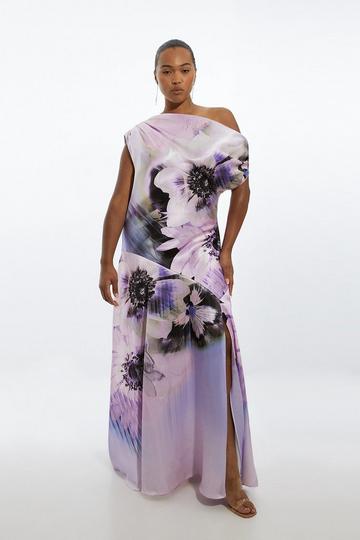 Plus Size Ooto Floral Heavy Satin Woven One Shoulder Maxi Dress floral