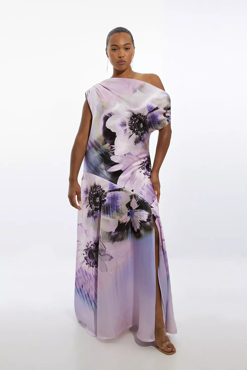 Plus Size Ooto Floral Heavy Satin Woven One Shoulder Maxi