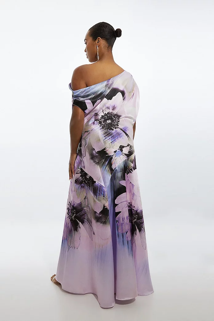 Plus Size Ooto Floral Heavy Satin Woven One Shoulder Maxi Plus Size Ooto Floral Heavy Satin Woven One Shoulder Maxi
