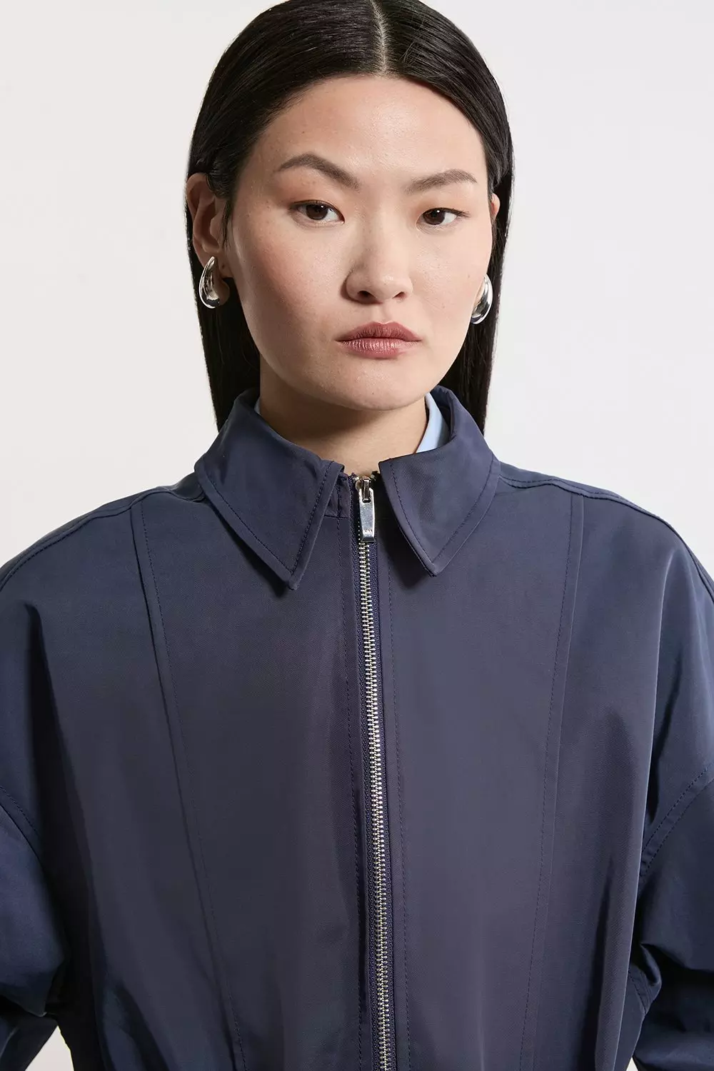 Drawstring Waist Collared Zip Through Mid Length Jacket