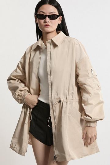 Drawstring Waist Collared Zip Through Mid Length Jacket stone