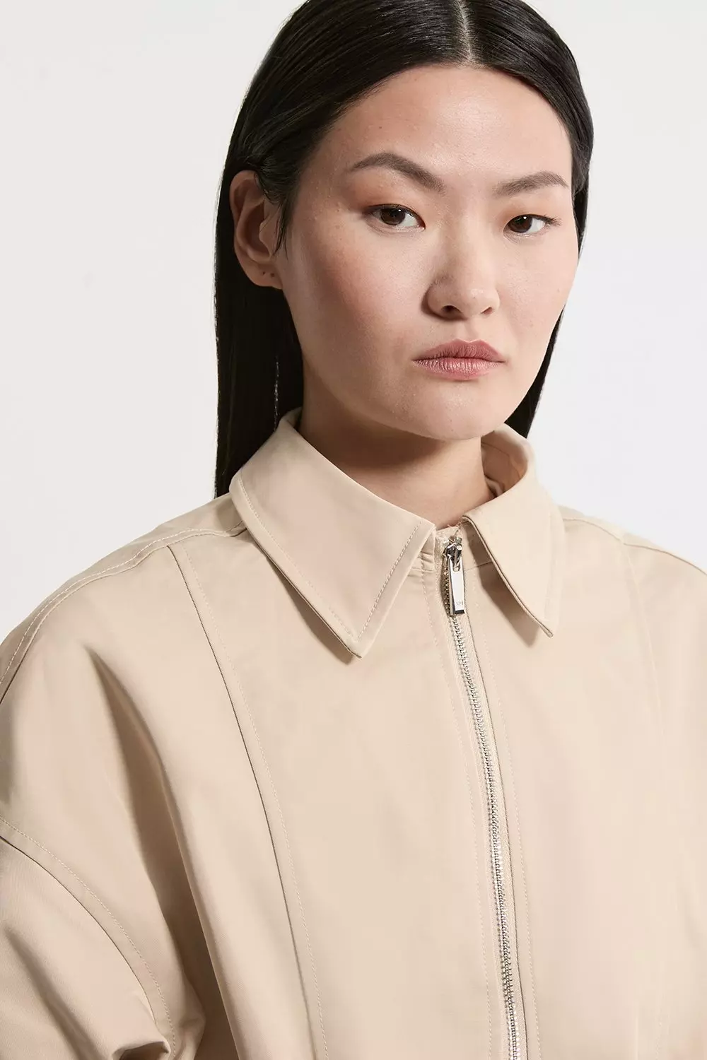 Drawstring Waist Collared Zip Through Mid Length Jacket